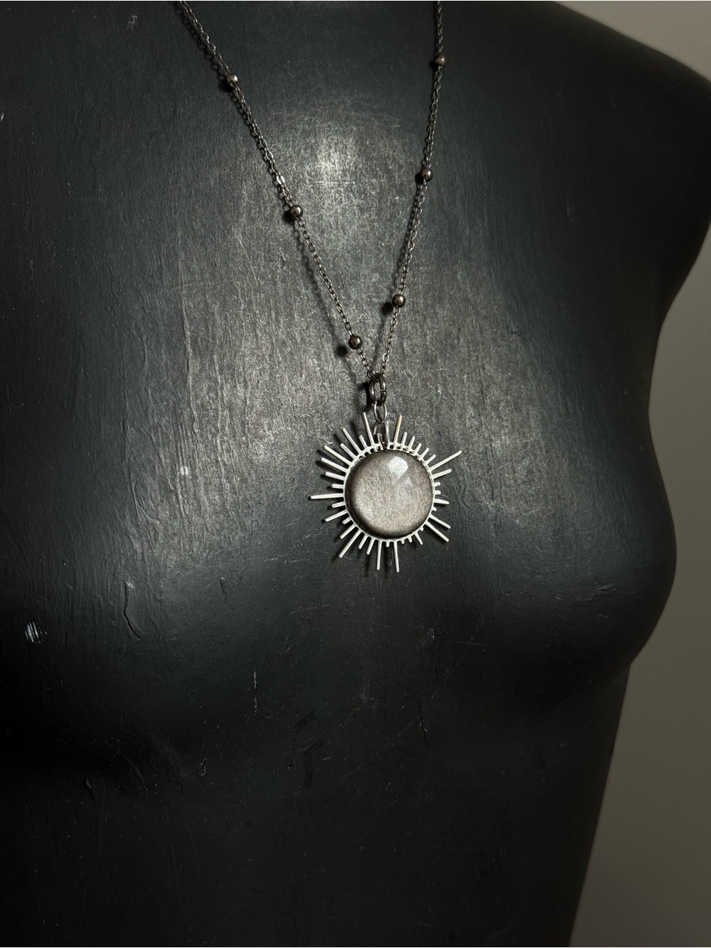 Silver sheen obsidian Sunburst Pendant Necklace Crystal jewelry boho witchy